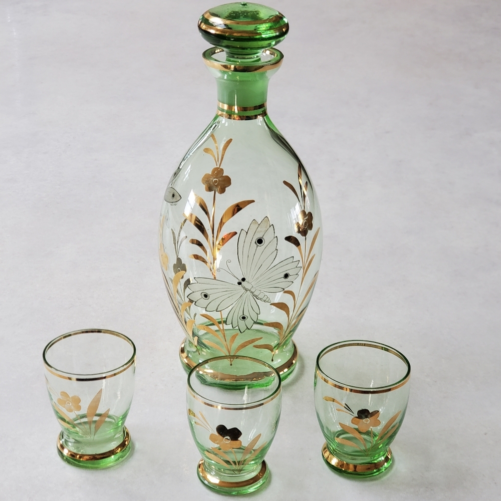 Delicate Glass Decanter with 3 Glasses. Handpainted Butterfly, Dragonfly, Gold